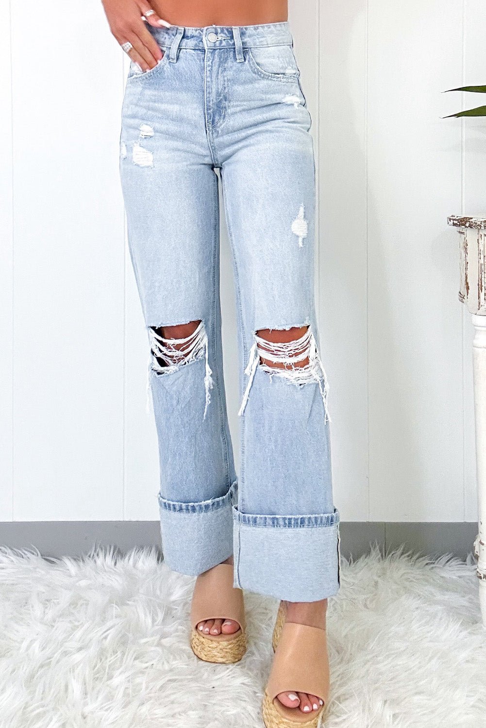 Beau Blue Light Wash Distressed Straight Jeans - Goddess Vibes
