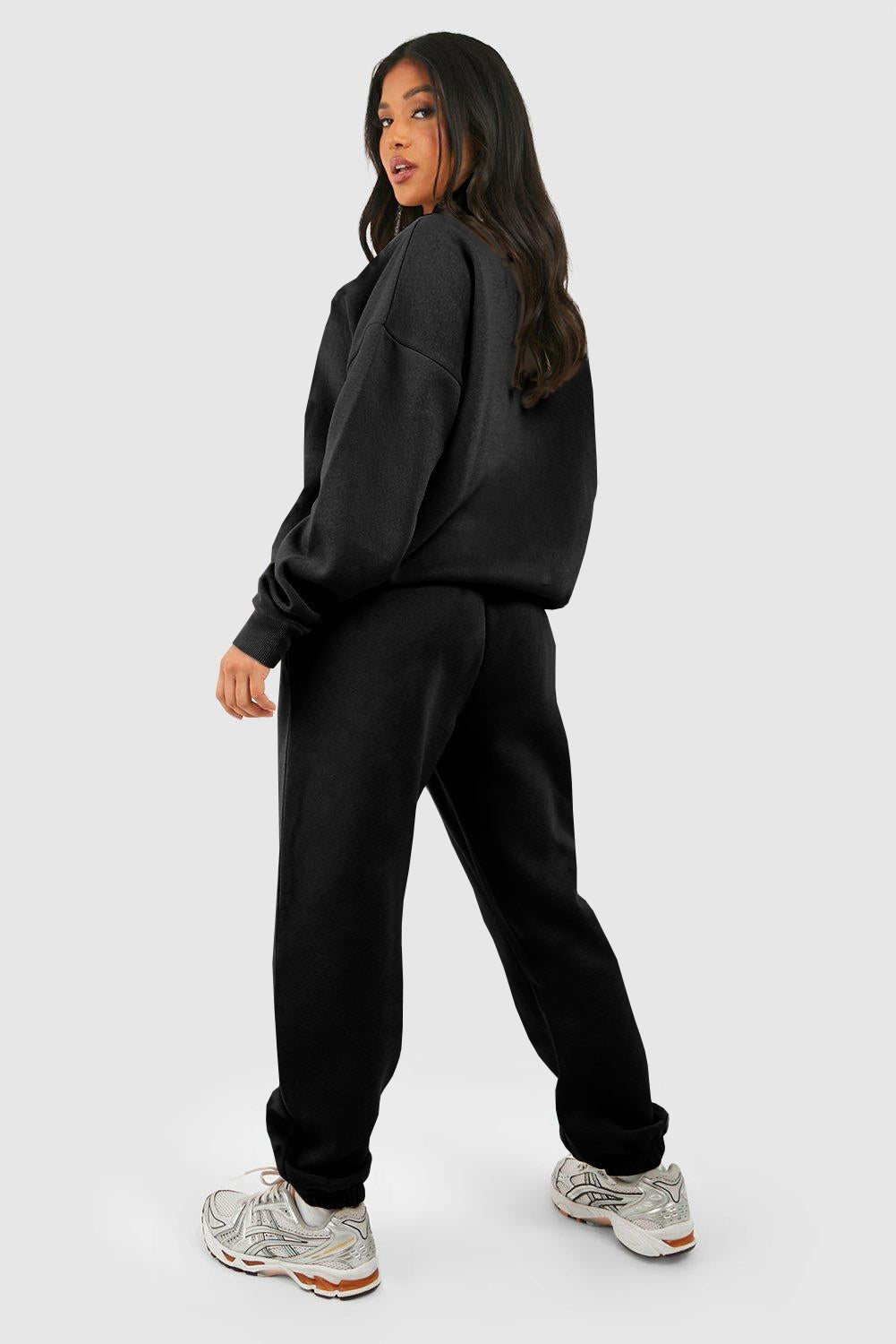 Black Plain Half Zip V Neck Ribbed Edge Loose Tracksuit - Goddess Vibes