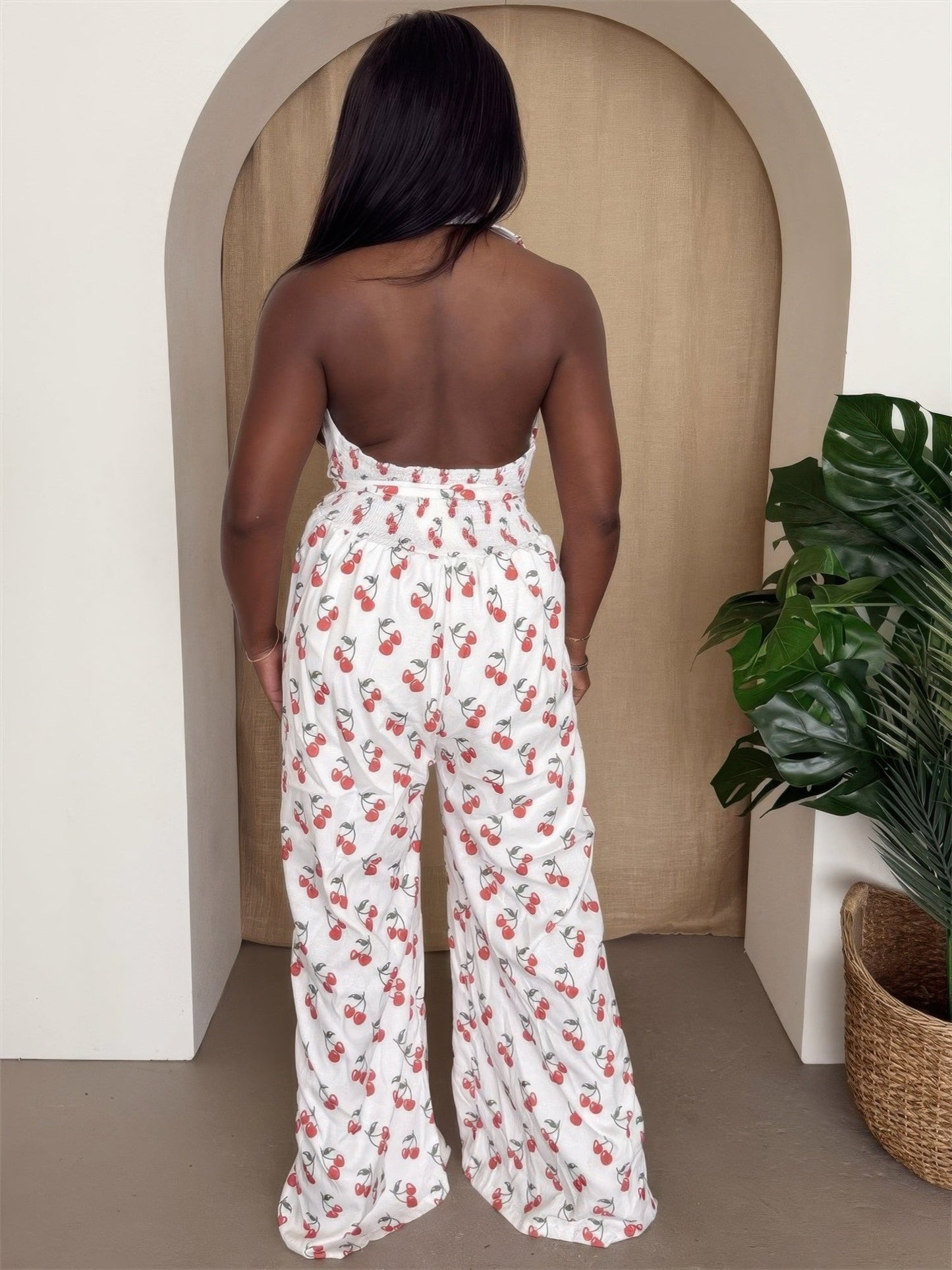 Cherry Print Halter Wide - leg Jumpsuit - Goddess Vibes