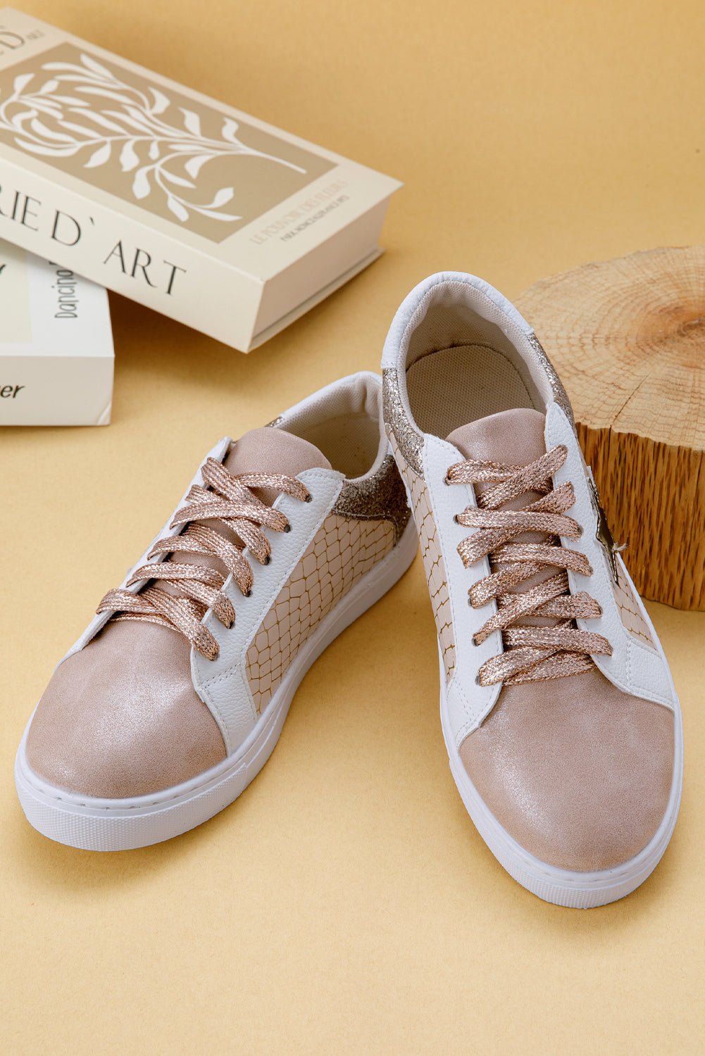 Gold Glitter Star Patchwork PU Leather Lace - up Sneakers - Goddess Vibes
