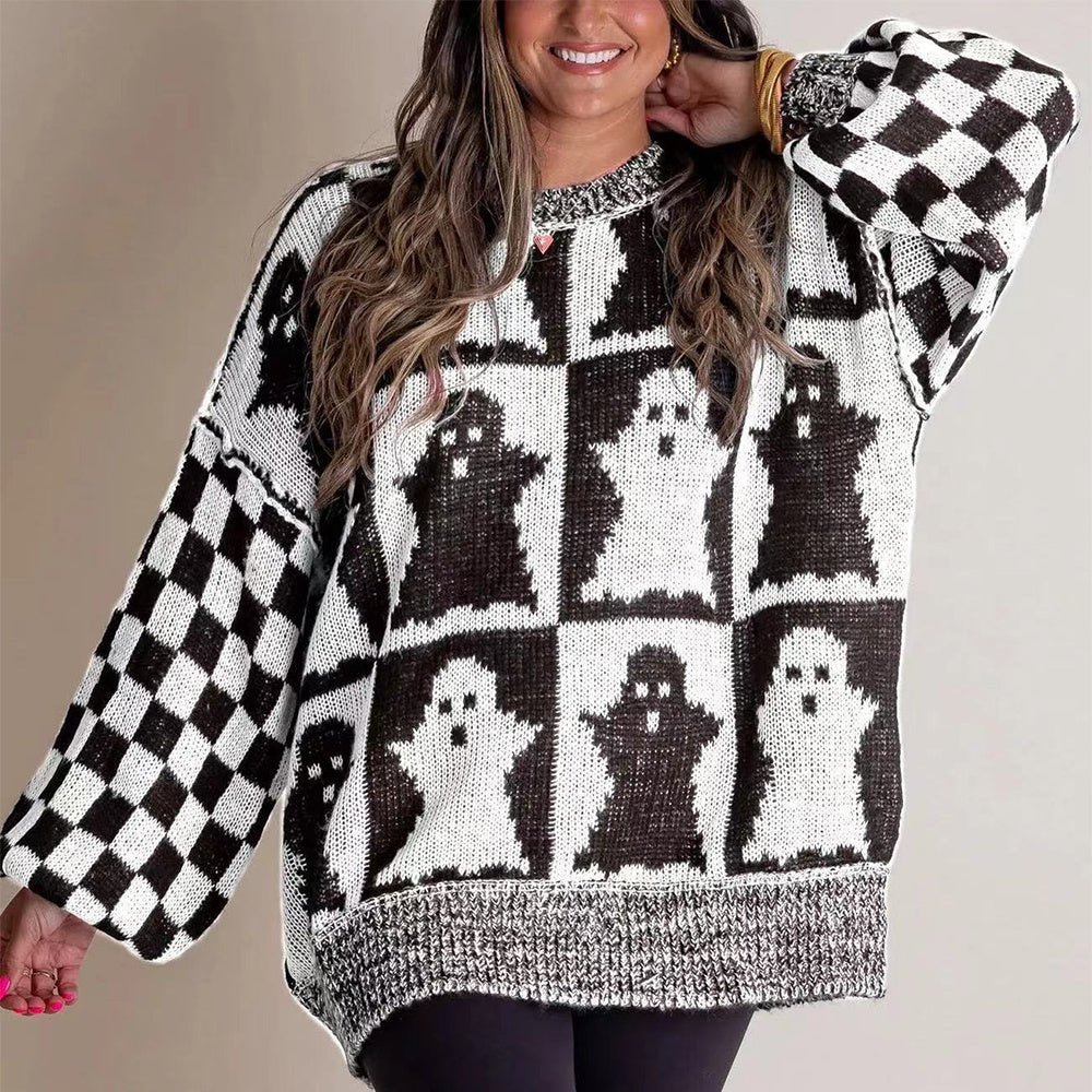 Halloween Cartoon Ghost And Checkerboard Print Pullover Sweater Autumn - Goddess Vibes