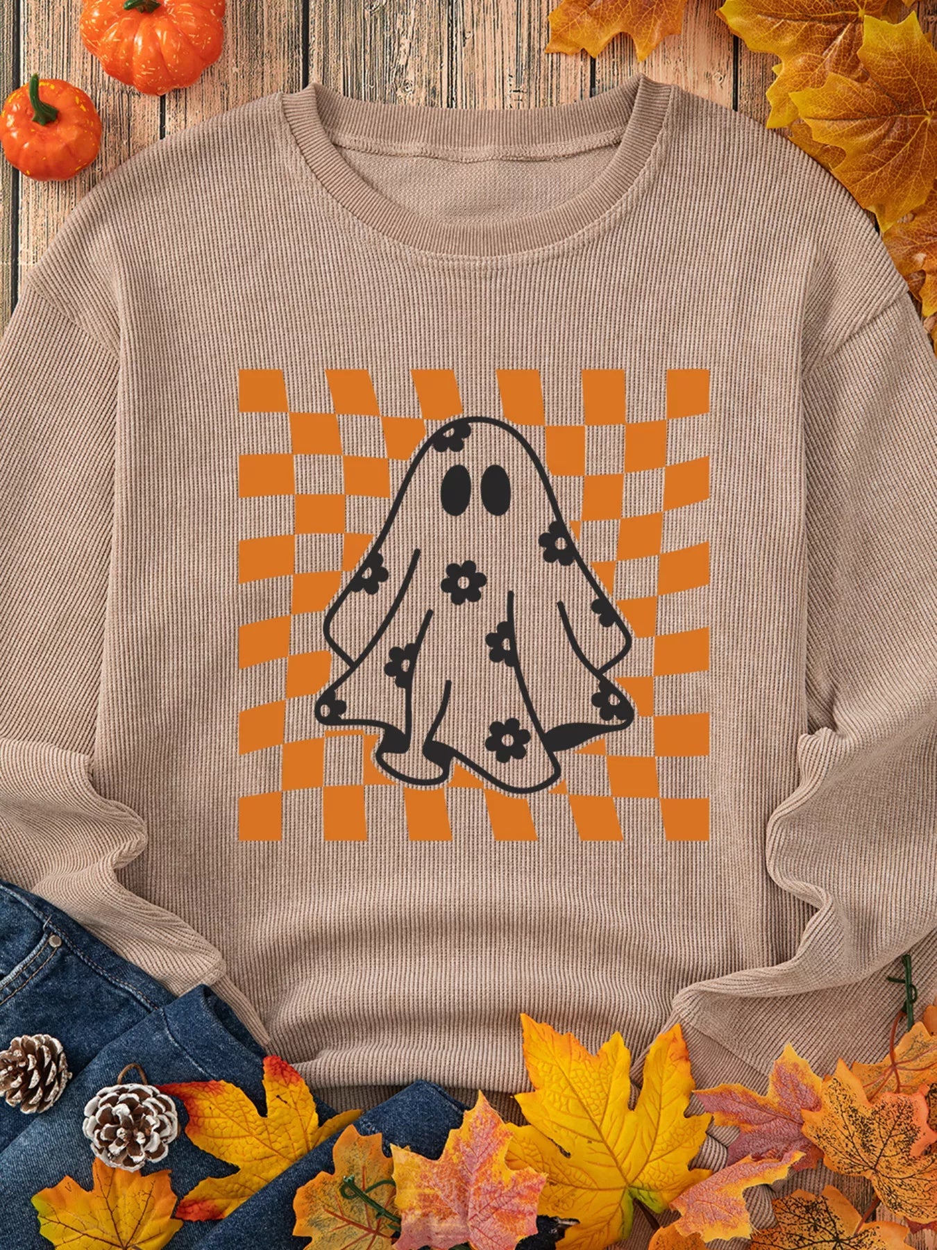 Halloween Checkerboard Floral Ghost Graphic Corded Sweatshirt - Goddess Vibes