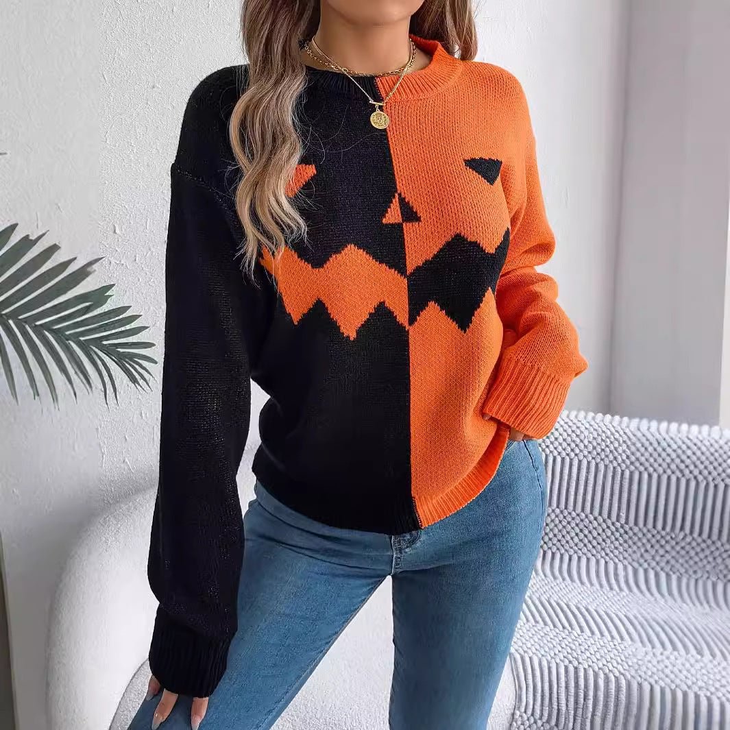 Halloween Contrast - color Pullover Sweater Fashion Long Sleeve Knitted - Goddess Vibes