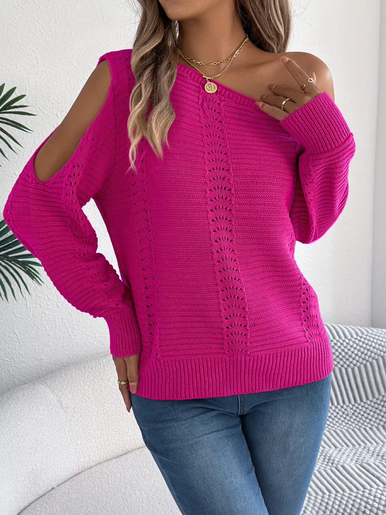 Openwork One Shoulder Cutout Long Sleeve Sweater - Goddess Vibes