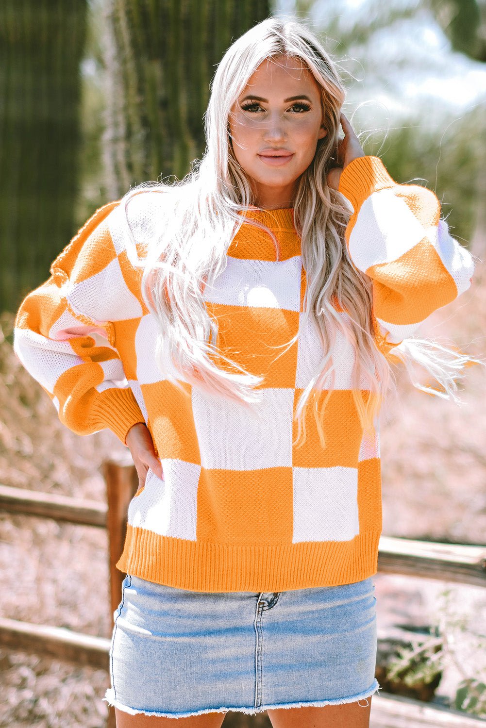 Orange Checkered Bishop Sleeve Sweater - Goddess Vibes