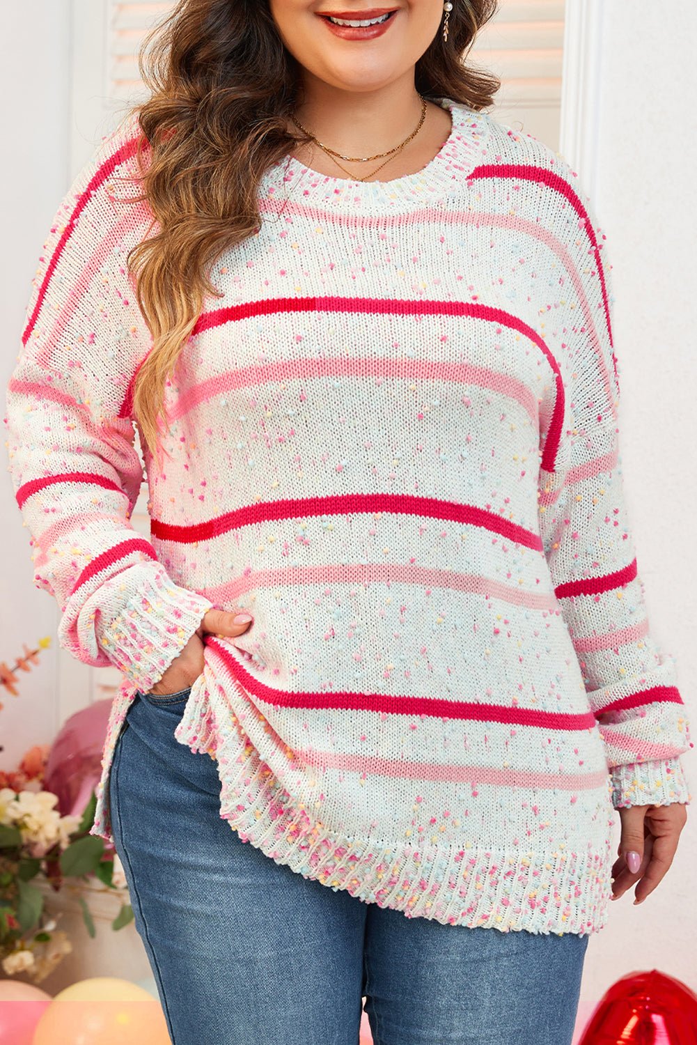 Pink Stripe Drop Shoulder Side Split Plus Size Sweater - Goddess Vibes