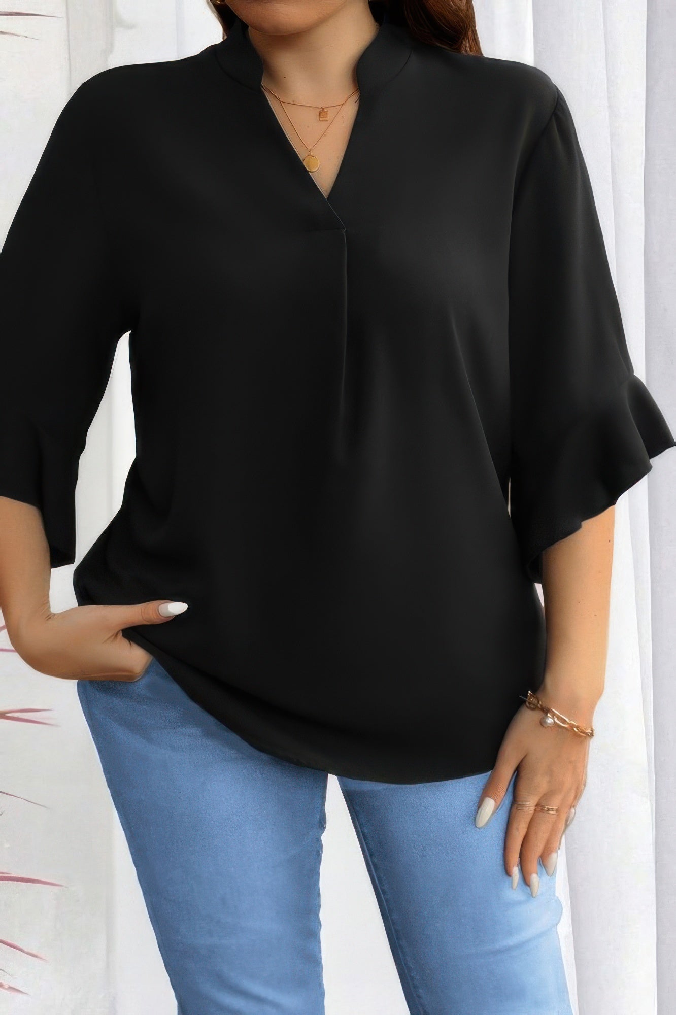 Plus V Neck Ruffle Half Sleeves Loose Blouse - Goddess Vibes