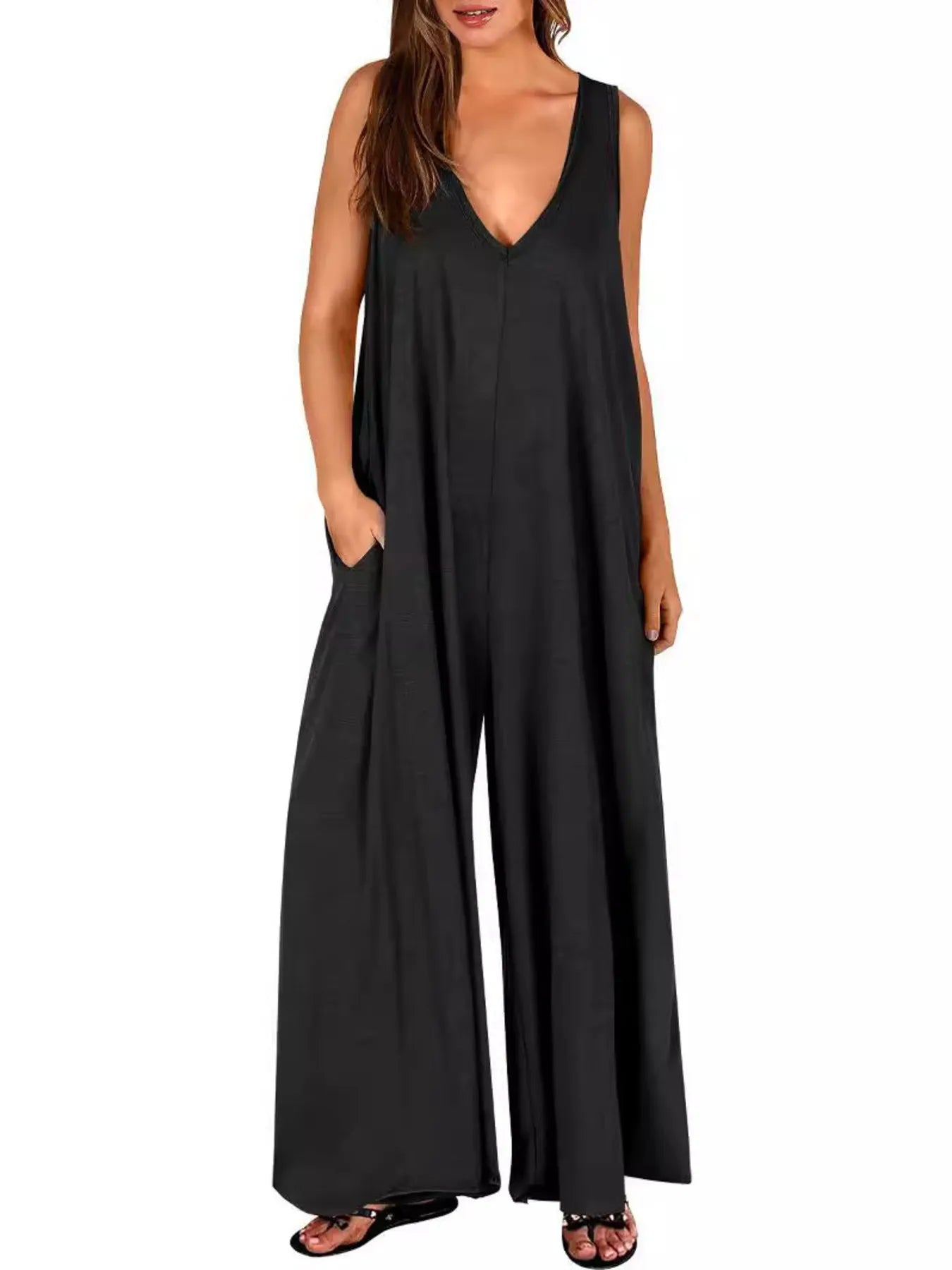 Sleeveless V - Neck Jumpsuit with Pockets - Goddess Vibes