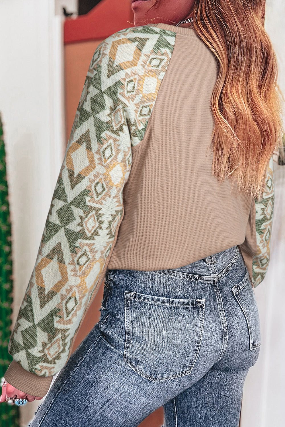 Smoke Gray Waffle Aztec Patchwork Raglan Sleeve Knit Top - Goddess Vibes