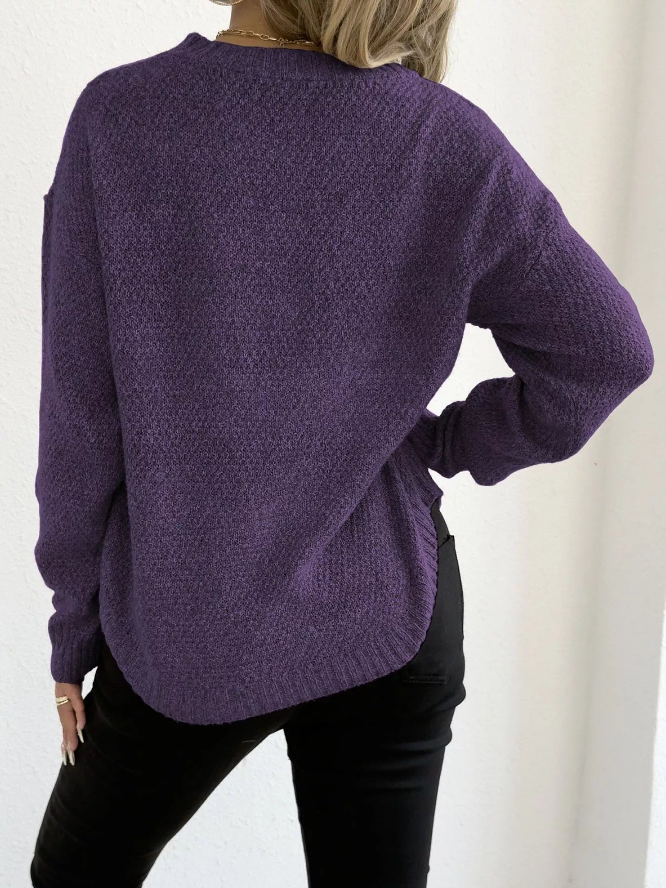 Textured Knit Relaxed Fit Round Neck Sweater - Goddess Vibes