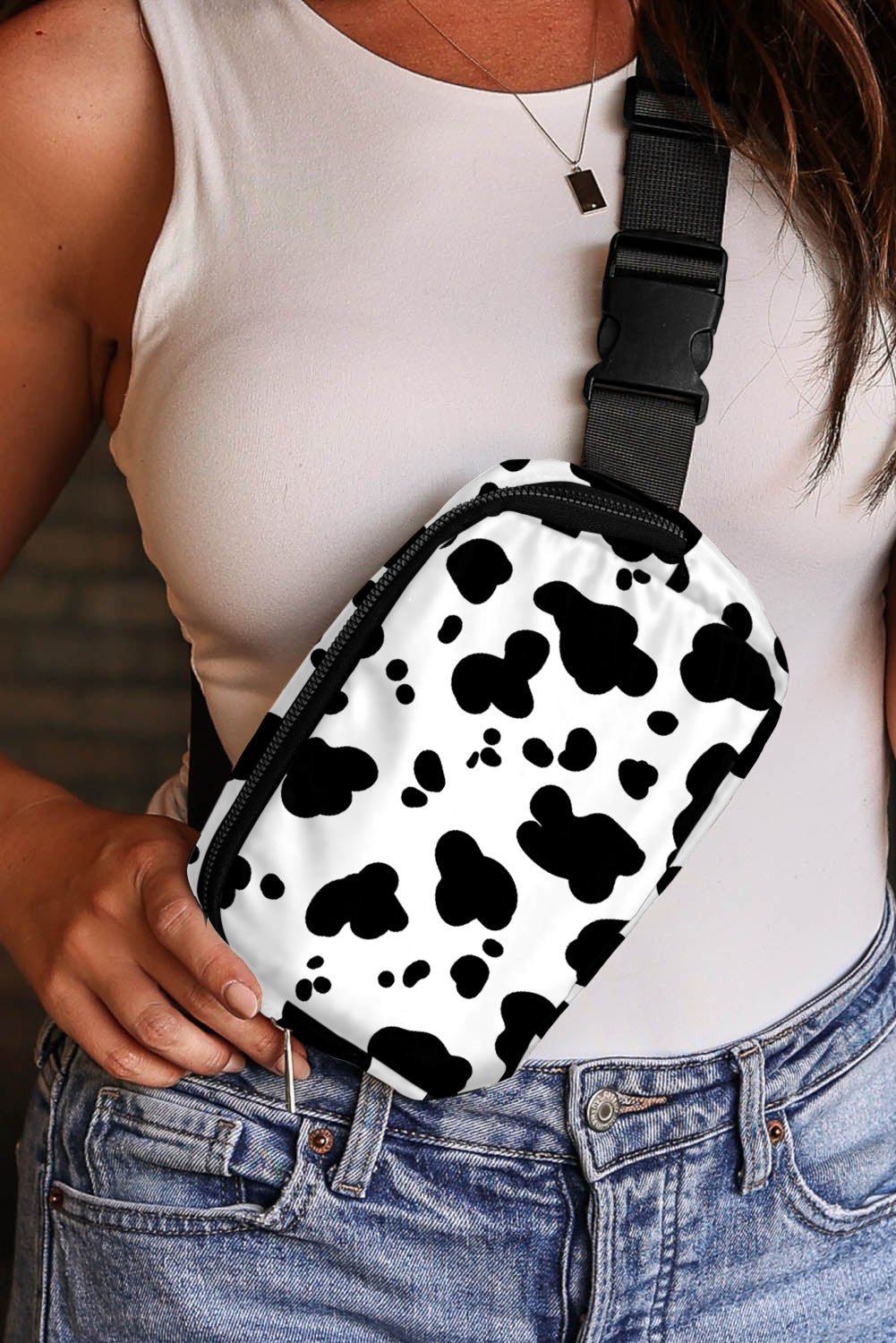 White Cow Pattern Print Buckle Wide Belt Inclined Shoulder Bag - Goddess Vibes