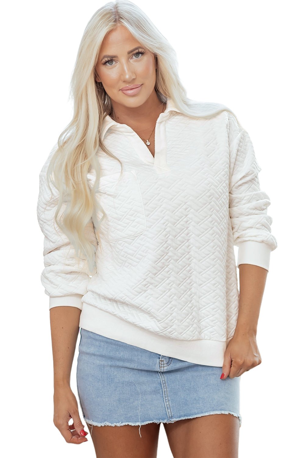 White Textured Pocketed Collared V Neck Pullover Sweatshirt - Goddess Vibes