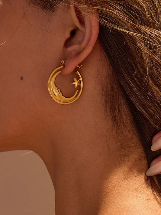18K Gold - Plated Crescent Moon Star Hoop Earrings - Goddess Vibes
