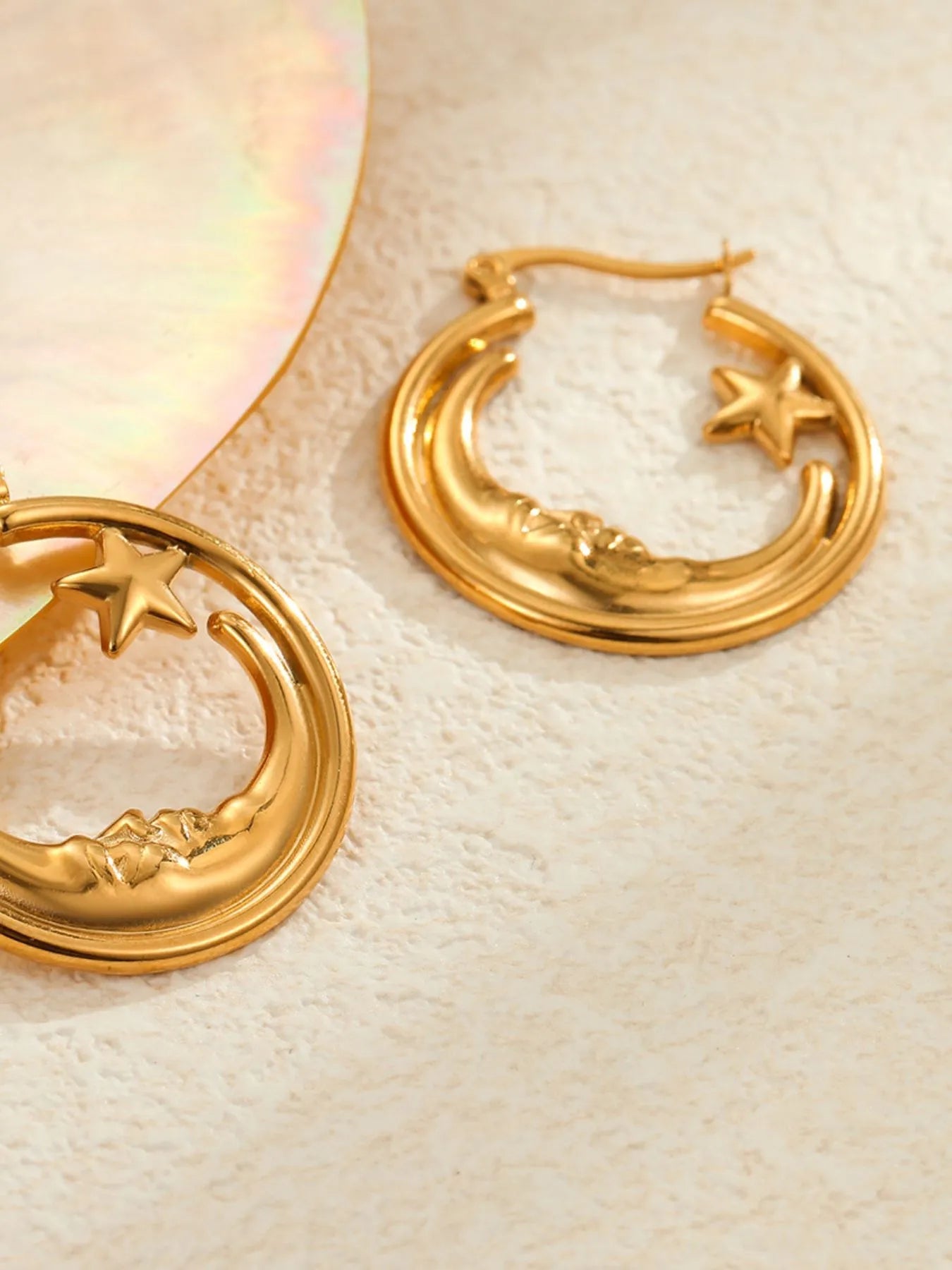 18K Gold - Plated Crescent Moon Star Hoop Earrings - Goddess Vibes