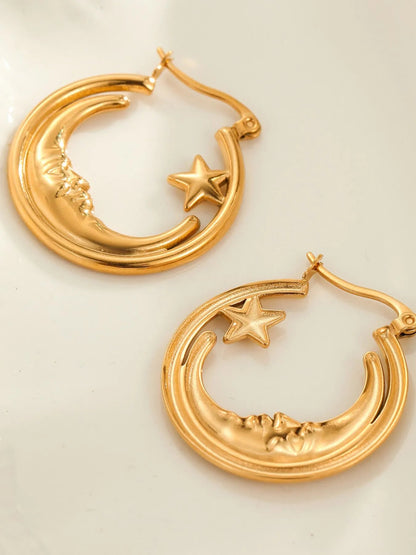 18K Gold - Plated Crescent Moon Star Hoop Earrings - Goddess Vibes