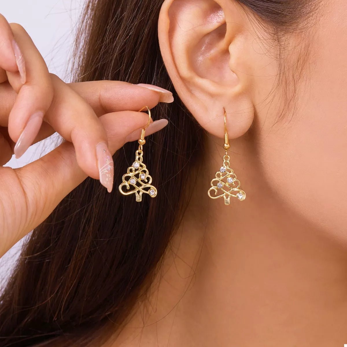 18K Gold - Plated Rhinestone Christmas Tree Dangle Earrings - Goddess Vibes