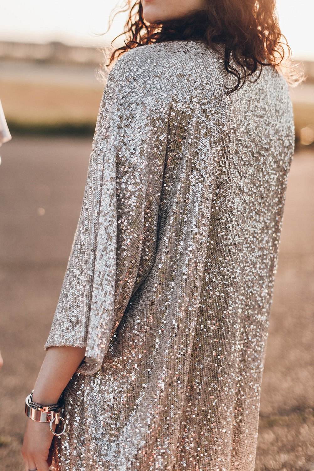 Apricot Sequin 3/4 Sleeve Open Front Duster Kimono - Goddess Vibes
