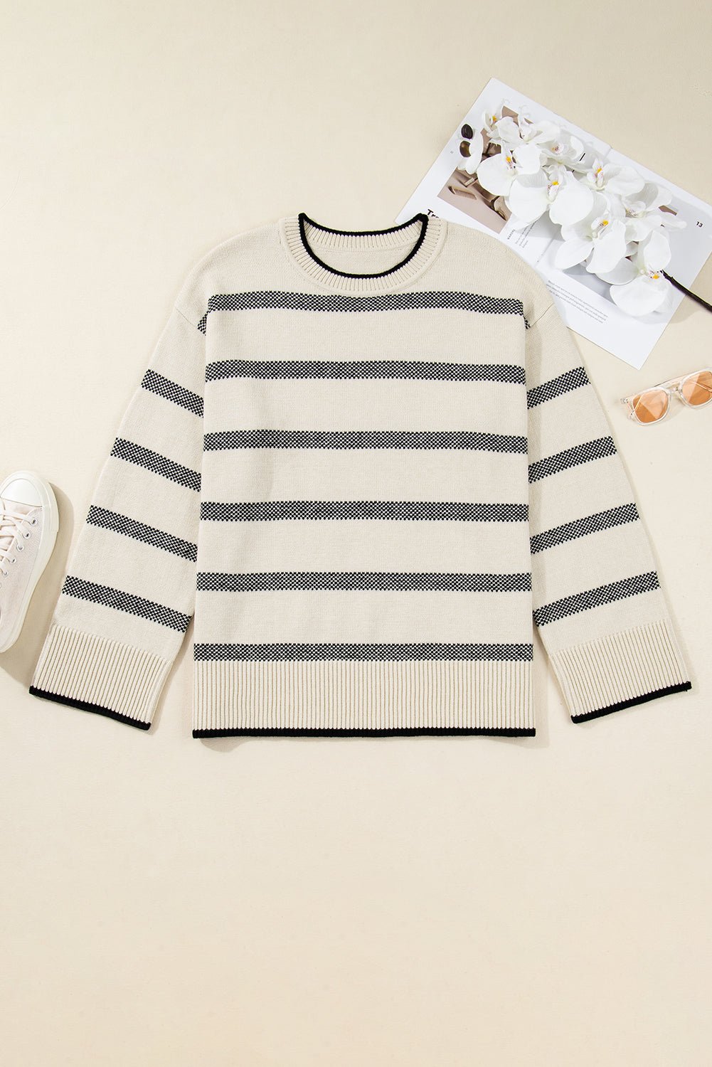 Apricot Stripe Wide Sleeve Drop Shoulder Crew Neck Plus Sweater - Crowned Energy CO.