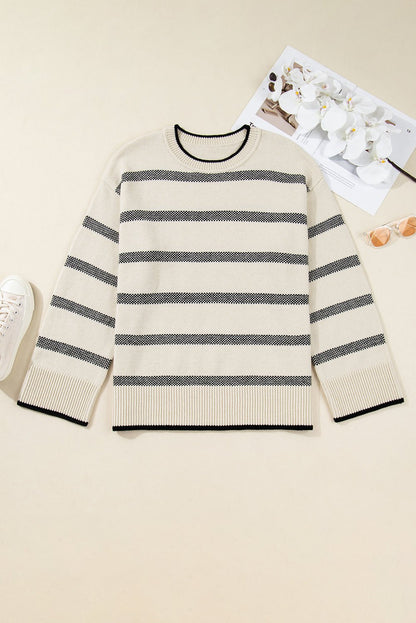 Apricot Stripe Wide Sleeve Drop Shoulder Crew Neck Plus Sweater - Crowned Energy CO.