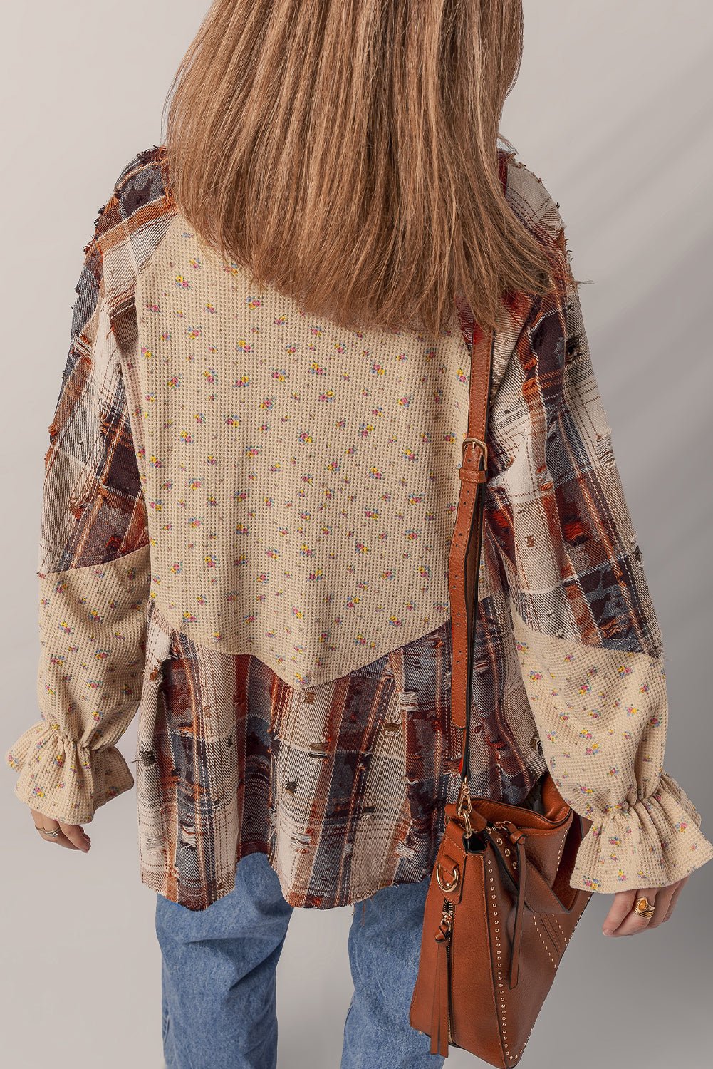 Ashleigh Blue Boho Floral Plaid Patchwork Distressed Detail Ruffled Sleeve Waffle Knit Shacket - Goddess Vibes