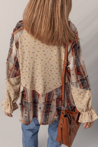 Ashleigh Blue Boho Floral Plaid Patchwork Distressed Detail Ruffled Sleeve Waffle Knit Shacket - Goddess Vibes