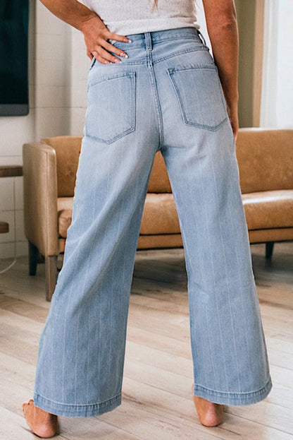 Beau Blue Multi Buttons Pinstripe Wide Leg Jeans - Goddess Vibes
