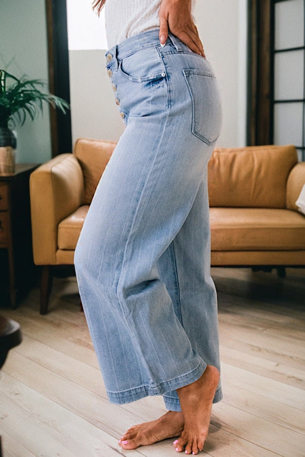 Beau Blue Multi Buttons Pinstripe Wide Leg Jeans - Goddess Vibes