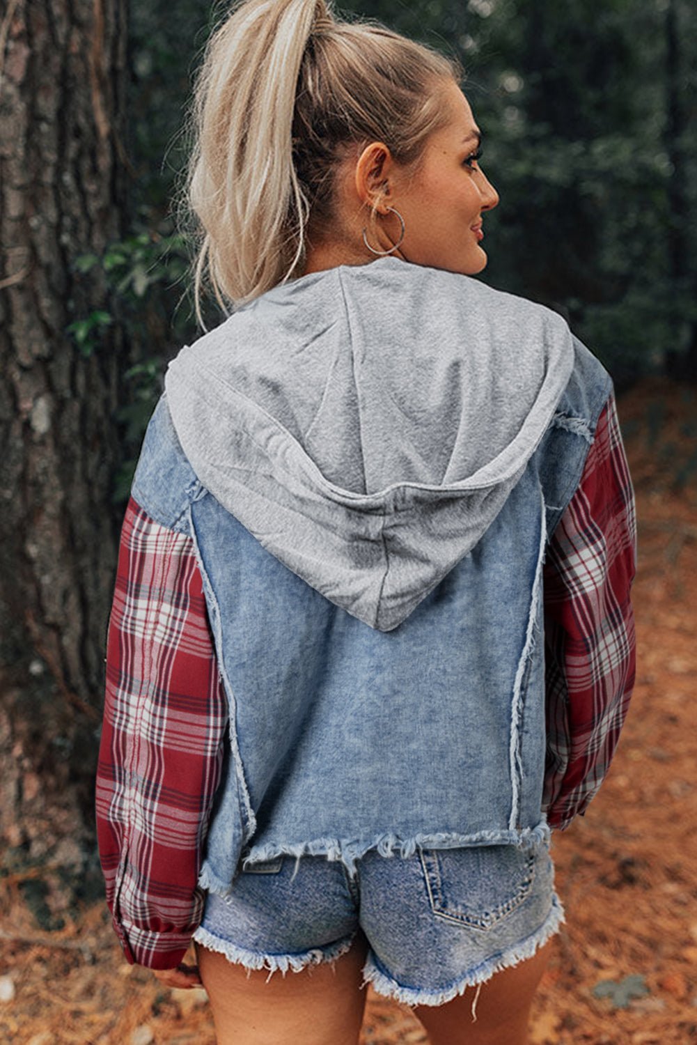Beau Blue Plaid Print Patchwork Hooded Raw Hem Denim Jacket - Goddess Vibes