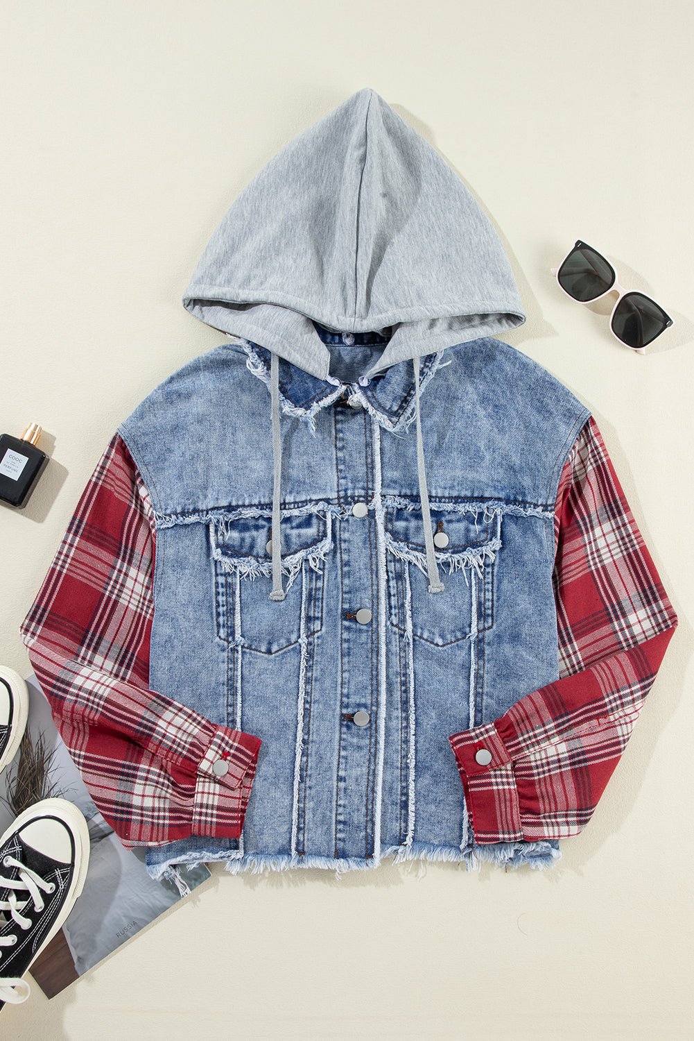 Beau Blue Plaid Print Patchwork Hooded Raw Hem Denim Jacket - Goddess Vibes