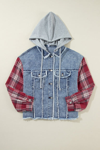 Beau Blue Plaid Print Patchwork Hooded Raw Hem Denim Jacket - Goddess Vibes
