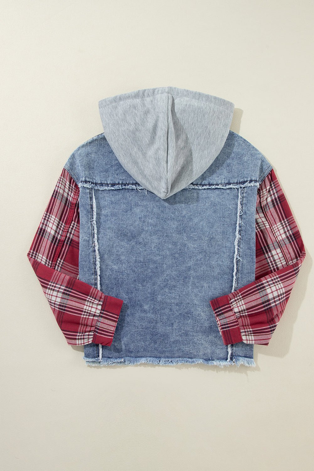 Beau Blue Plaid Print Patchwork Hooded Raw Hem Denim Jacket - Goddess Vibes