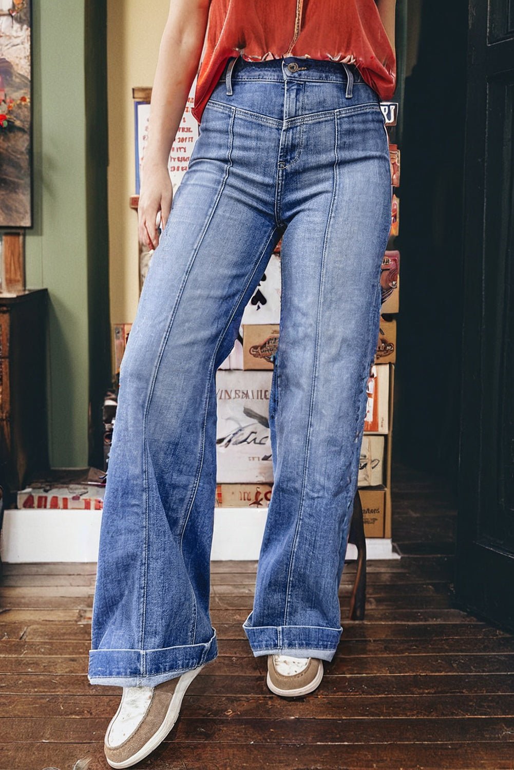 Beau Blue Tailored Center Seam Detail Straight Loose High Rise Jeans - Goddess Vibes