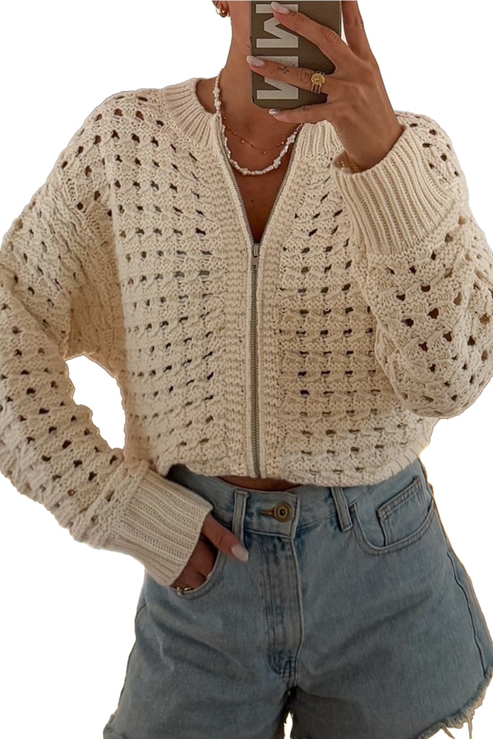Beige Hollowed Pattern Knit Zip Up Drop Shoulder Sweater Cardigan - Goddess Vibes