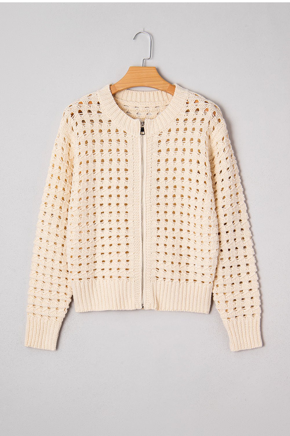 Beige Hollowed Pattern Knit Zip Up Drop Shoulder Sweater Cardigan - Goddess Vibes