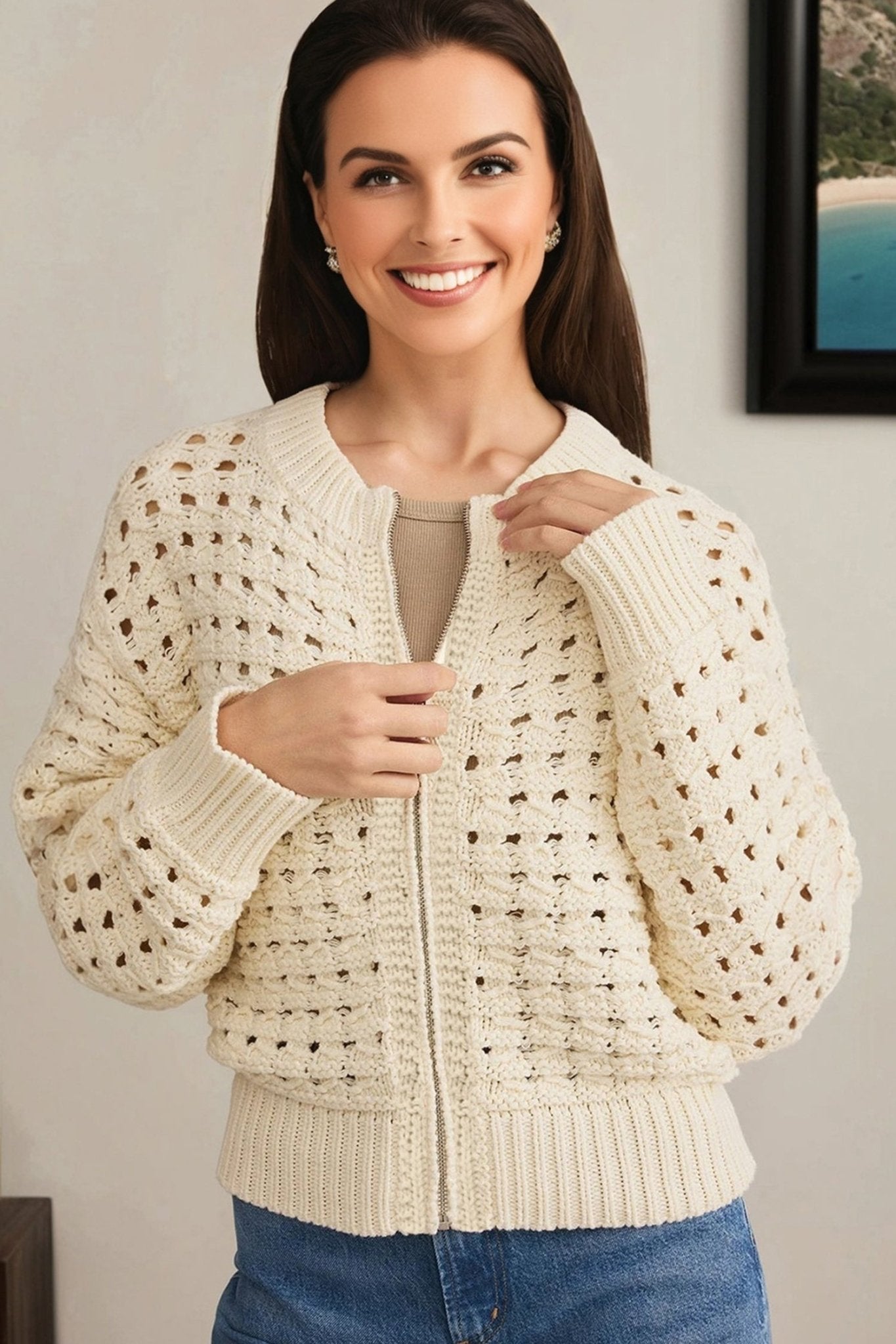Beige Hollowed Pattern Knit Zip Up Drop Shoulder Sweater Cardigan - Goddess Vibes