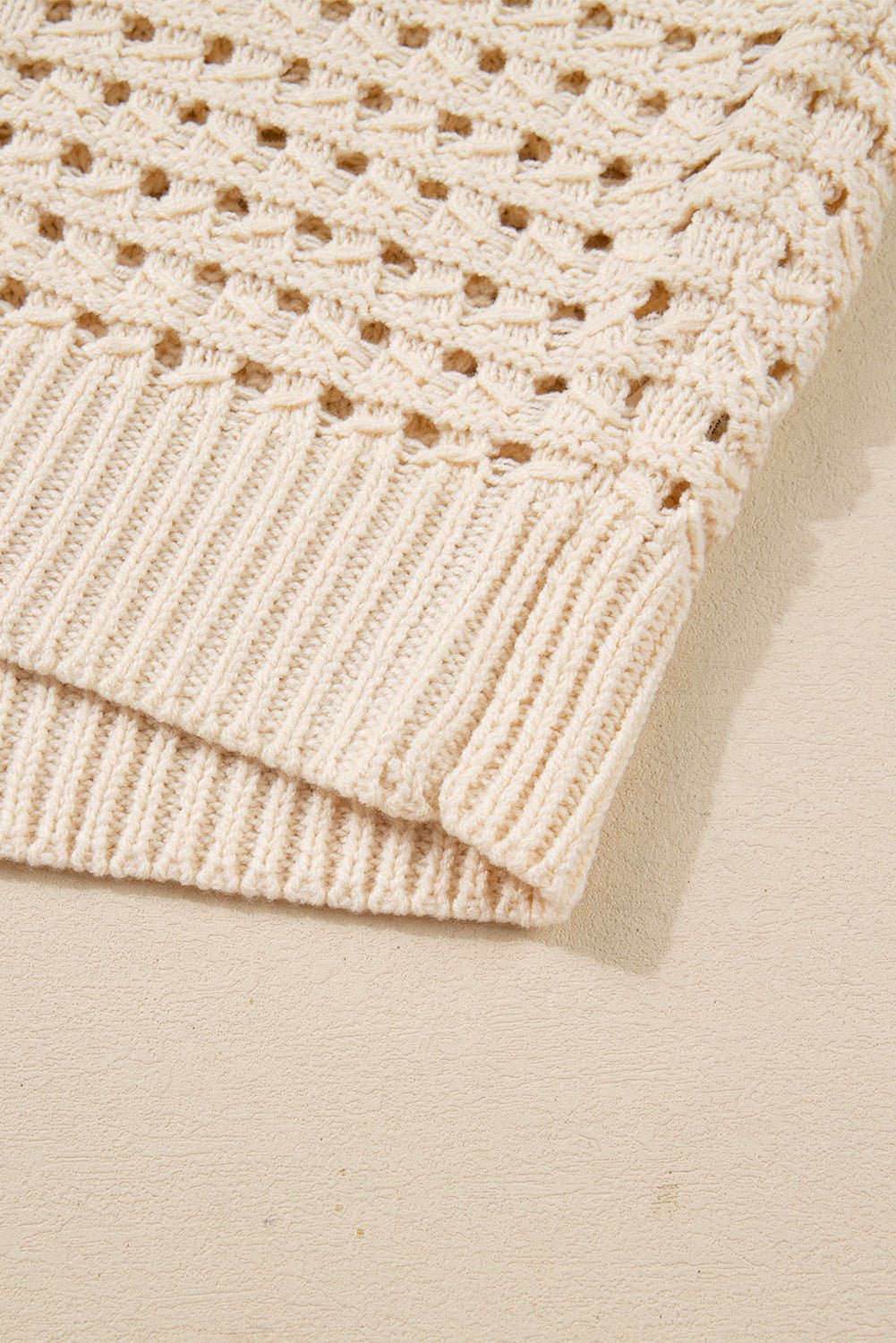 Beige Hollowed Pattern Knit Zip Up Drop Shoulder Sweater Cardigan - Goddess Vibes