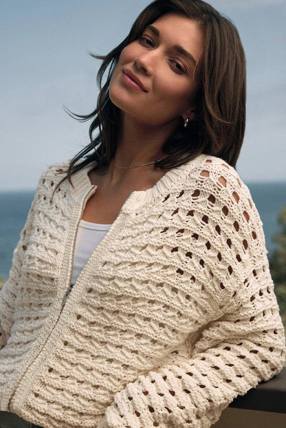 Beige Hollowed Pattern Knit Zip Up Drop Shoulder Sweater Cardigan - Goddess Vibes
