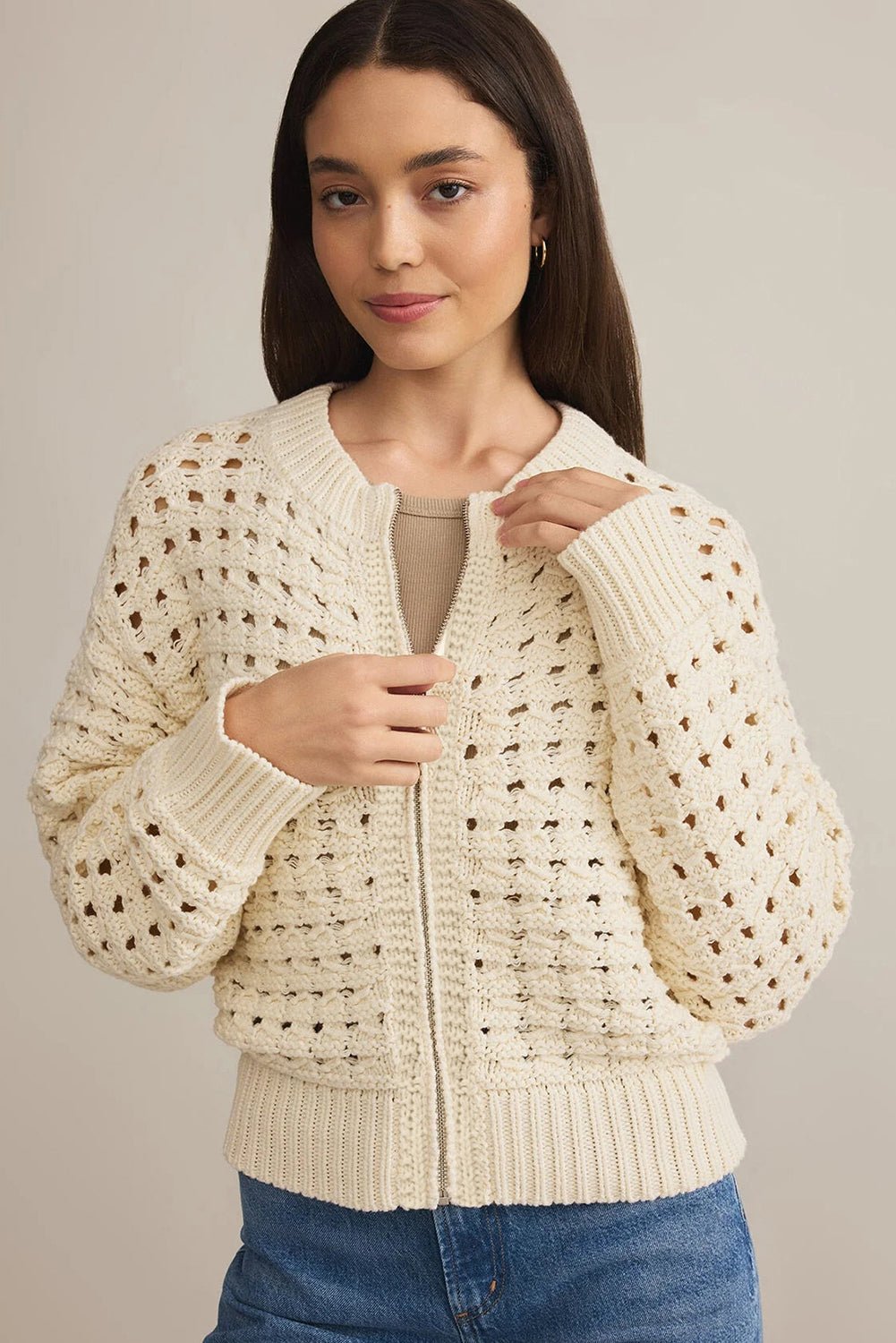 Beige Hollowed Pattern Knit Zip Up Drop Shoulder Sweater Cardigan - Goddess Vibes