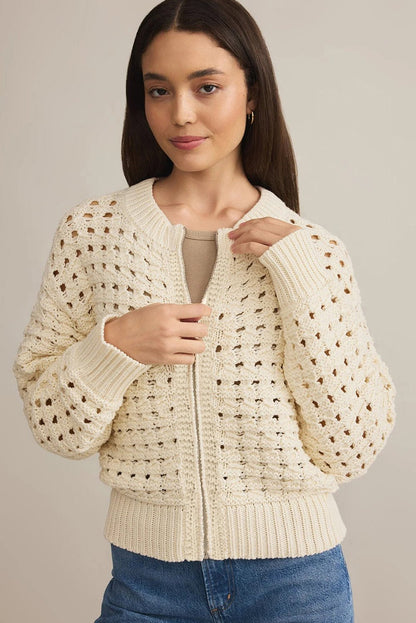 Beige Hollowed Pattern Knit Zip Up Drop Shoulder Sweater Cardigan - Goddess Vibes