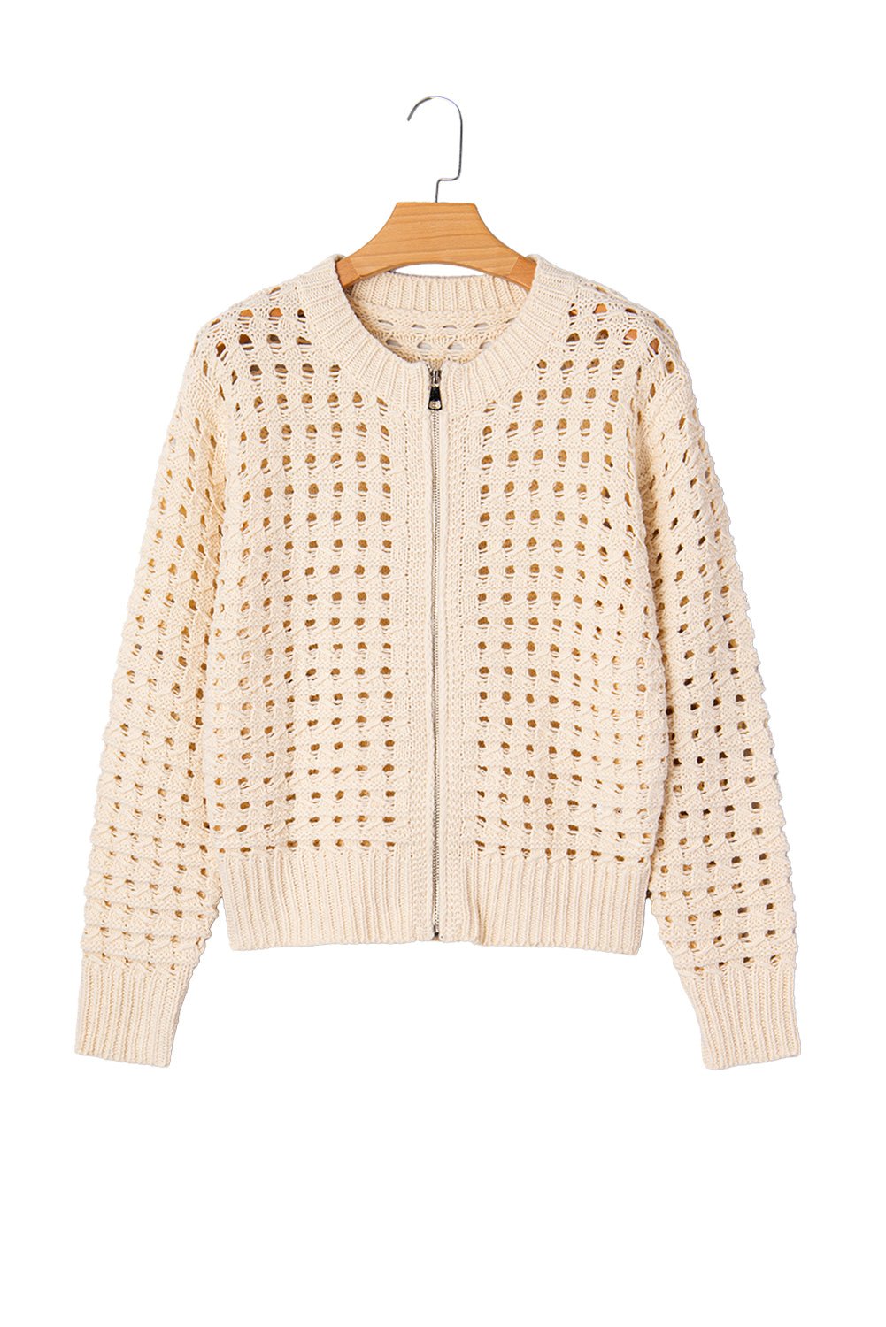 Beige Hollowed Pattern Knit Zip Up Drop Shoulder Sweater Cardigan - Goddess Vibes