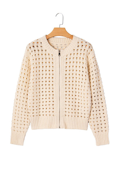 Beige Hollowed Pattern Knit Zip Up Drop Shoulder Sweater Cardigan - Goddess Vibes