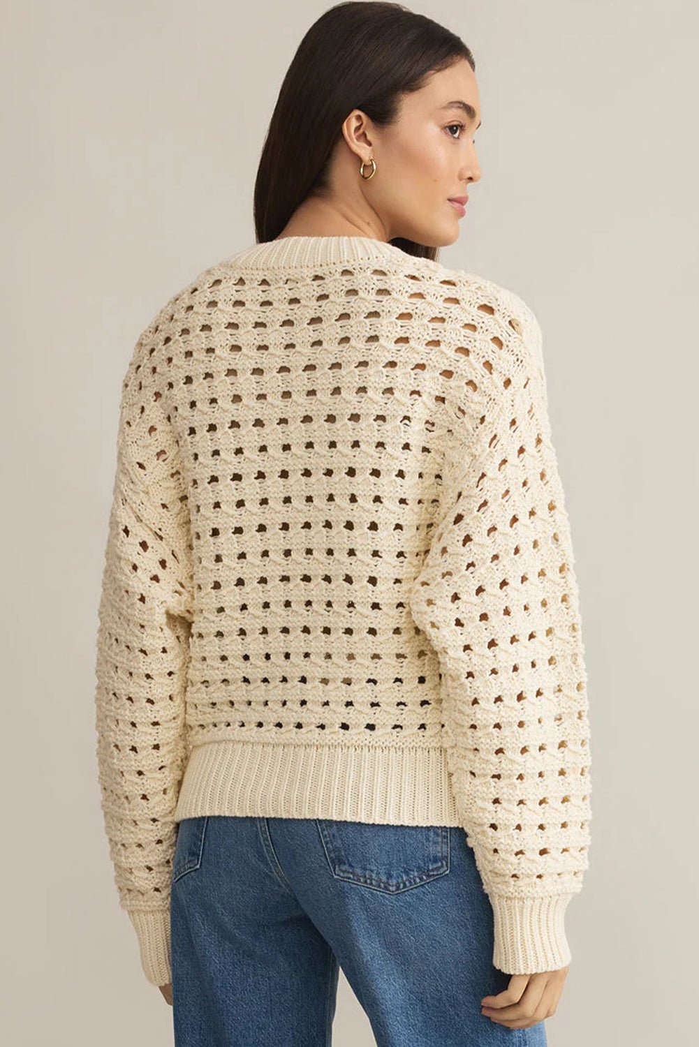 Beige Hollowed Pattern Knit Zip Up Drop Shoulder Sweater Cardigan - Goddess Vibes