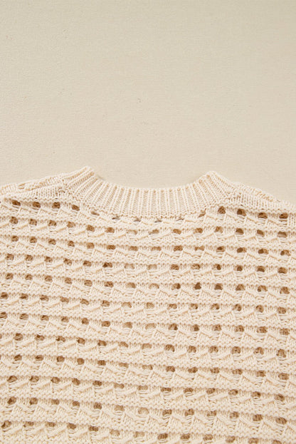 Beige Hollowed Pattern Knit Zip Up Drop Shoulder Sweater Cardigan - Goddess Vibes