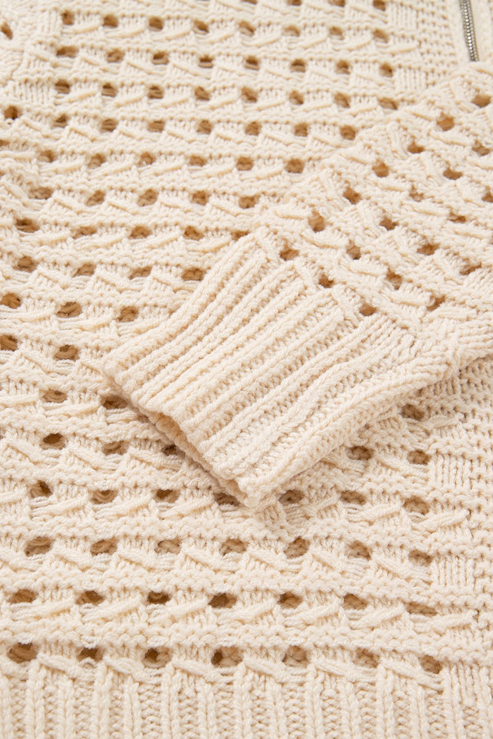Beige Hollowed Pattern Knit Zip Up Drop Shoulder Sweater Cardigan - Goddess Vibes