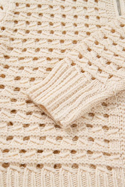 Beige Hollowed Pattern Knit Zip Up Drop Shoulder Sweater Cardigan - Goddess Vibes