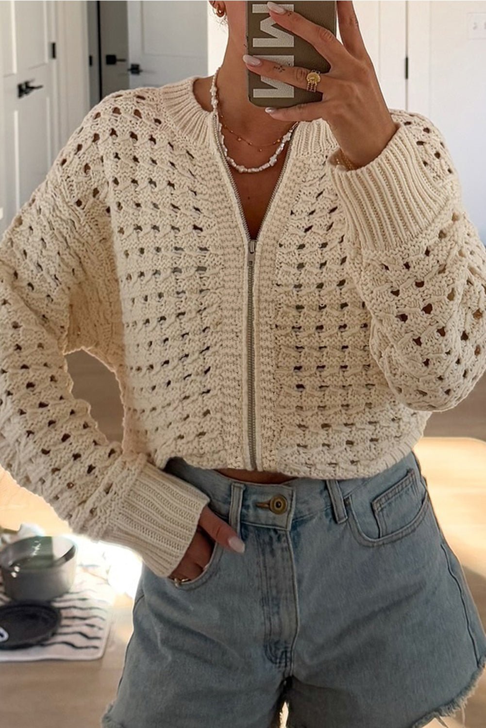Beige Hollowed Pattern Knit Zip Up Drop Shoulder Sweater Cardigan - Goddess Vibes