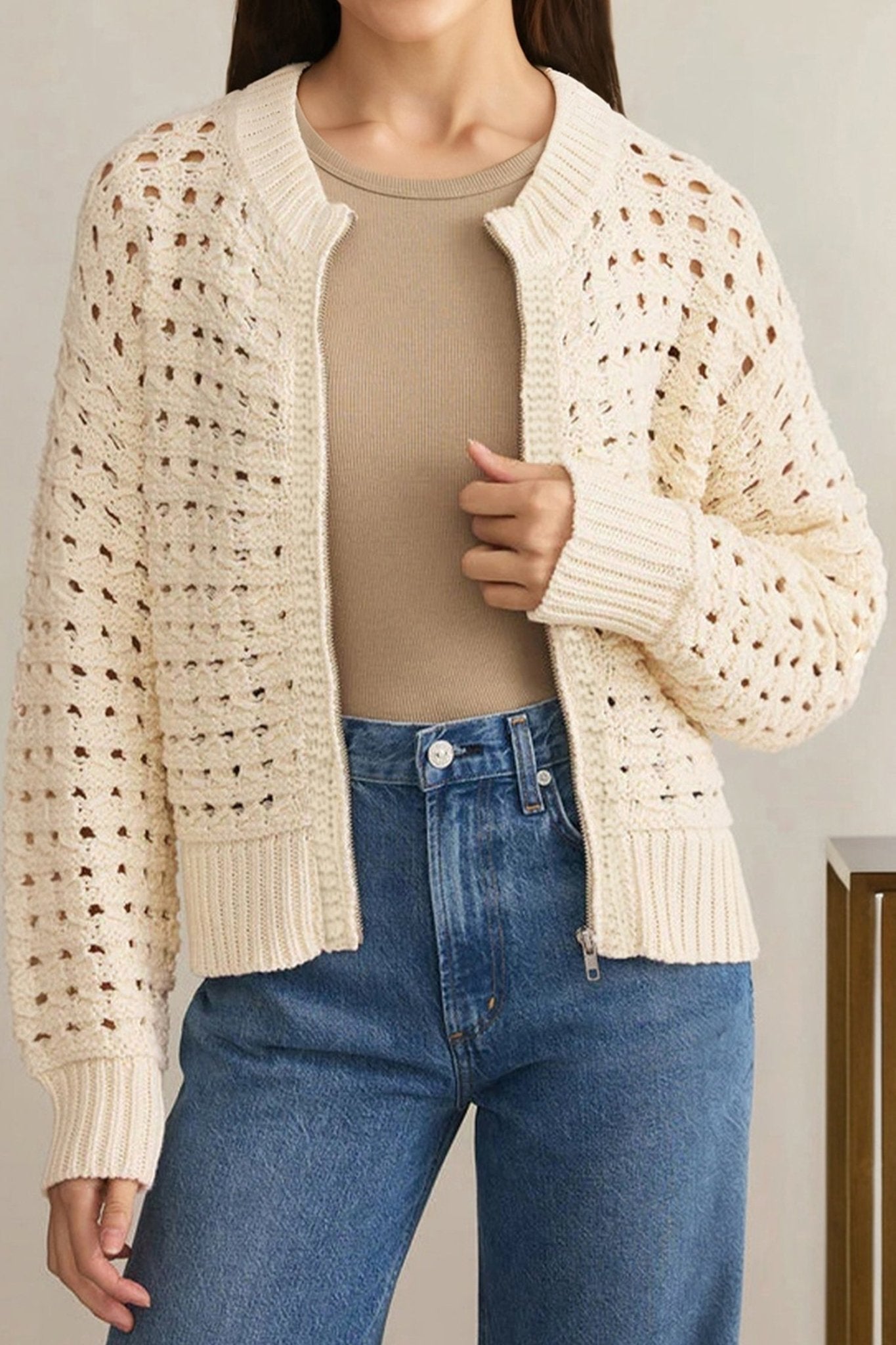 Beige Hollowed Pattern Knit Zip Up Drop Shoulder Sweater Cardigan - Goddess Vibes