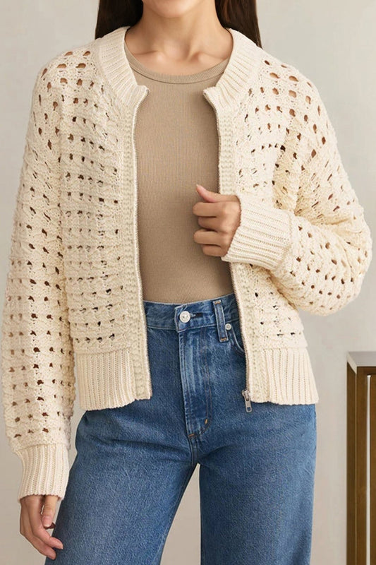 Beige Hollowed Pattern Knit Zip Up Drop Shoulder Sweater Cardigan - Goddess Vibes