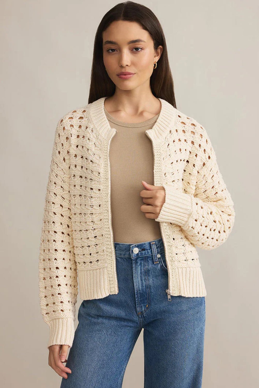 Beige Hollowed Pattern Knit Zip Up Drop Shoulder Sweater Cardigan - Goddess Vibes