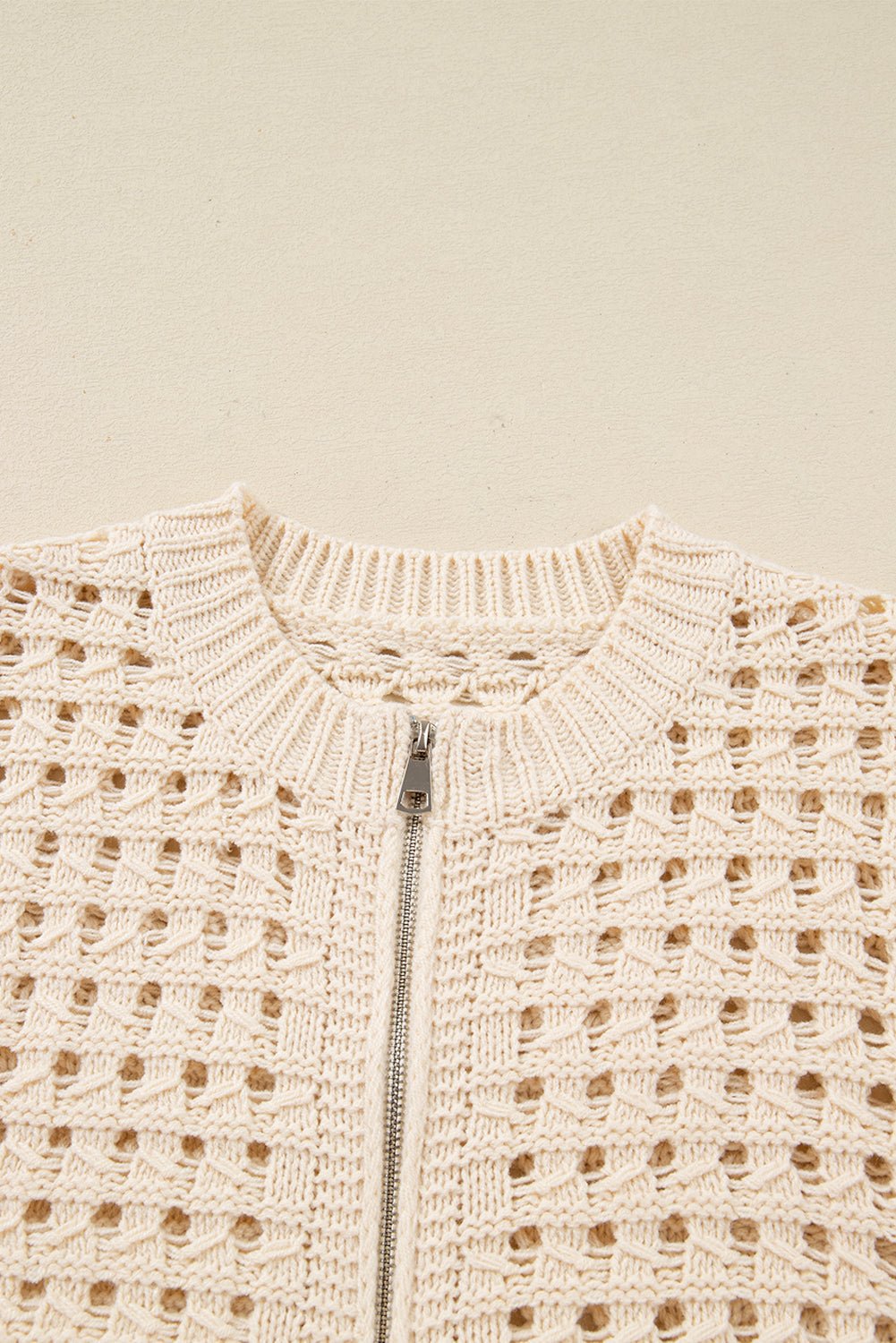 Beige Hollowed Pattern Knit Zip Up Drop Shoulder Sweater Cardigan - Goddess Vibes